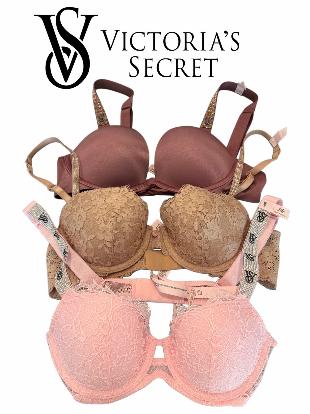 Victoria's Secret Women’s Lace Push-Up Bra - Pink, Brown, Mauve 2 lightly lined